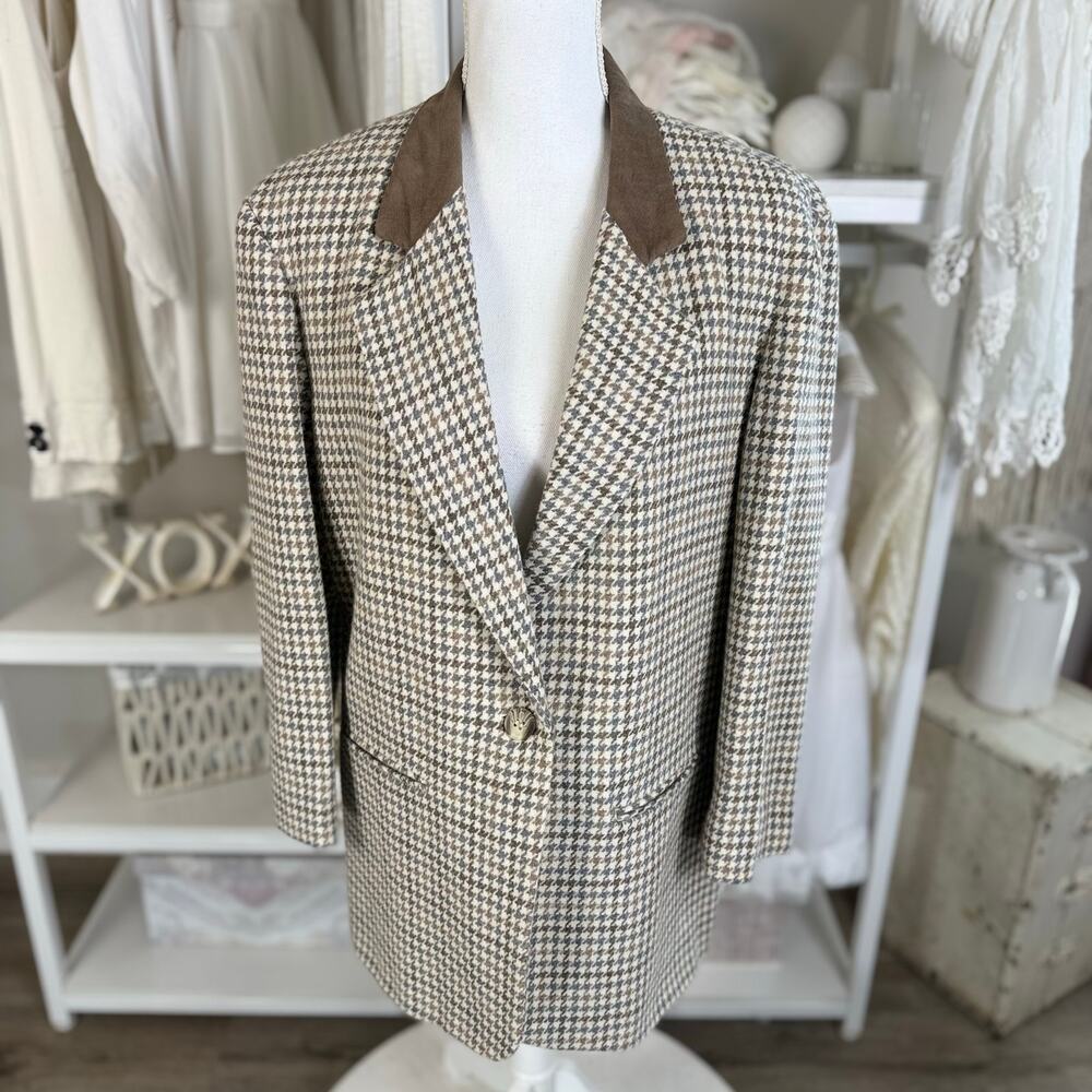 Women's Houndstooth Blazer Jacket with Brown Collar